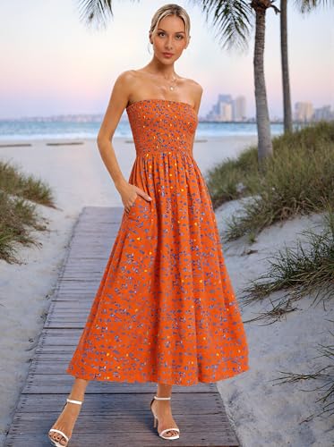Image of Aigeman Women Strapless Tube Maxi Dress Flowy Swing Long Beach Sundress Sleeveless Boho Summer Dress with Pokets 330