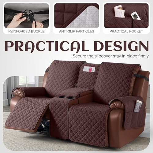 Image of KinCam 100% Waterproof Recliner Loveseat Cover with Console, Non-Slip Reclining Couch Covers for 2 Seat, Recliner Sofa Cover Furniture Protector with Elastic Straps for Kids, Pets, Coffee