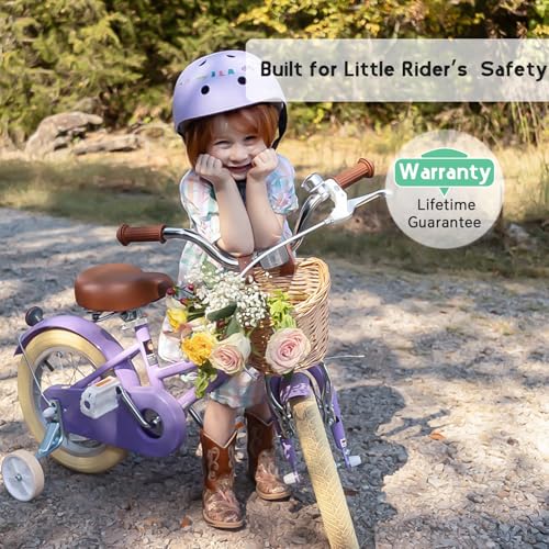 Image of Glerc Little Molly 12-20 Inch Kids Retro Cruiser Bike for 2-13 Year Old with Wicker Basket & Training Wheels /Kickstand, Multiple Colors