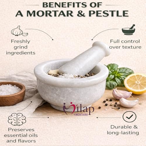 Image of White Marble Mortar and Pestle Set Stone 4 Inch, Khalbatta, Imamdasta, Kharal, Kundi, Okhli, Musal, Mixer, Silbatta Kitchen tool for Grinding Ingredients