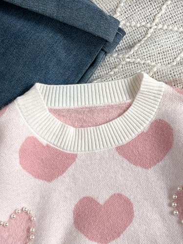 Girls Sweater Sweet Pink Heart Pattern with Pearl Accents Warm Knitted Sweater4
