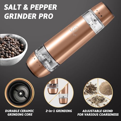2 in 1 Electric Salt and Pepper Grinder Set, Rechargeable with USB-C, Automatic Battery Operated Salt and Pepper Shakers, Pepper Mill Grinder with Adjustable Coarseness, Rose Gold Gourmet Easy - Image 2