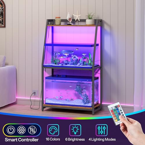 HOOBRO 20-29 Gallon Fish Tank Stand with Power Outlets and LED Light, Heavy Duty Aquarium Stand, Metal Frame Reptile Turtle Tank Stand, 33.1'' L x 15.7'' W, 300 LBS Capacity, Rustic Brown BF41UDFT01 - Image 6