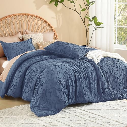 Image of Litanika Queen Size Comforter Set Ocean Blue, 3 Piece Cream Boho Tufted Bedding, Fluffy Farmhouse Bed Set for All Season with 2 Leaf Pattern Pillowcases(90x90In)