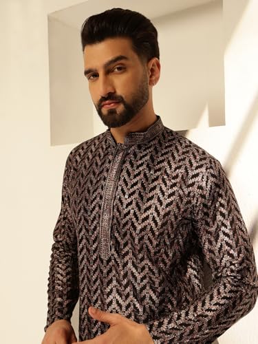 Sojanya (Since 1958 Men's Cotton Embroidered Printed Black Only Long Kurta