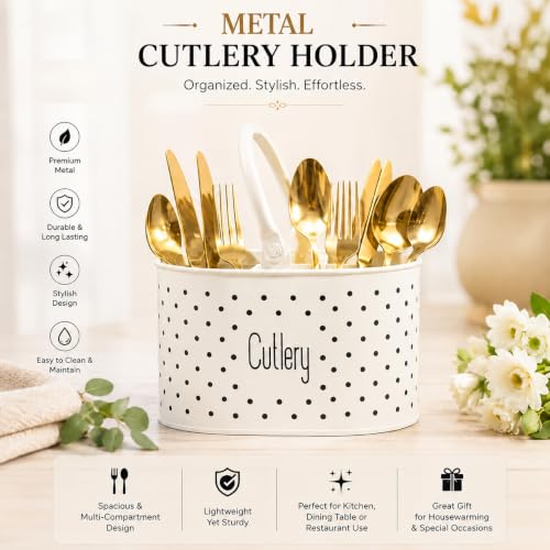 Image of MARKET 99 Galvanised Iron Stylish Ivory Cutlery Holder|Rustic Kitchen Utensil Organizer for Spoons,Forks,Knives|Multipurpose Countertop Rack for Dining Table & Office Desk|Vintage Finish,17x12x13 cm