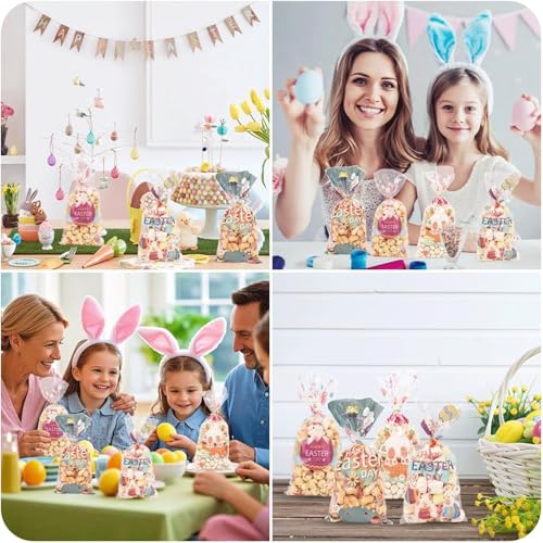 TAKUZA 100 Stück Cellophantüten Ostern 13x27,5cm | Transparente Ostertüten mit Hasen & Eiern Design | Inkl. Goldene Bindebänder für Süßigkeiten, Kekse, Candybar & Osterparty Geschenkverpackungen