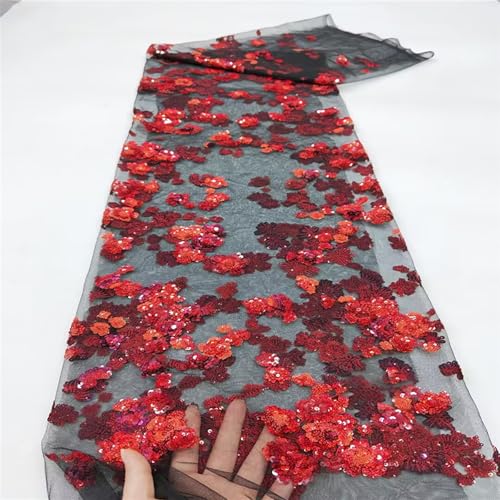 Tissu dentelle paillettes 3D rouge couture au mètre 5 yards robe de bal