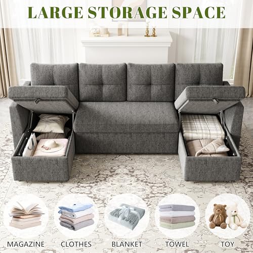 Image of Huatean Home Oversized Sleeper Couch Sofa, 110 inch 2 in 1 Pull Out Couch with Double Storage Chaise, Sectional Sleeper Sofa Bed with Side Pocket for Living Room, Dark Grey