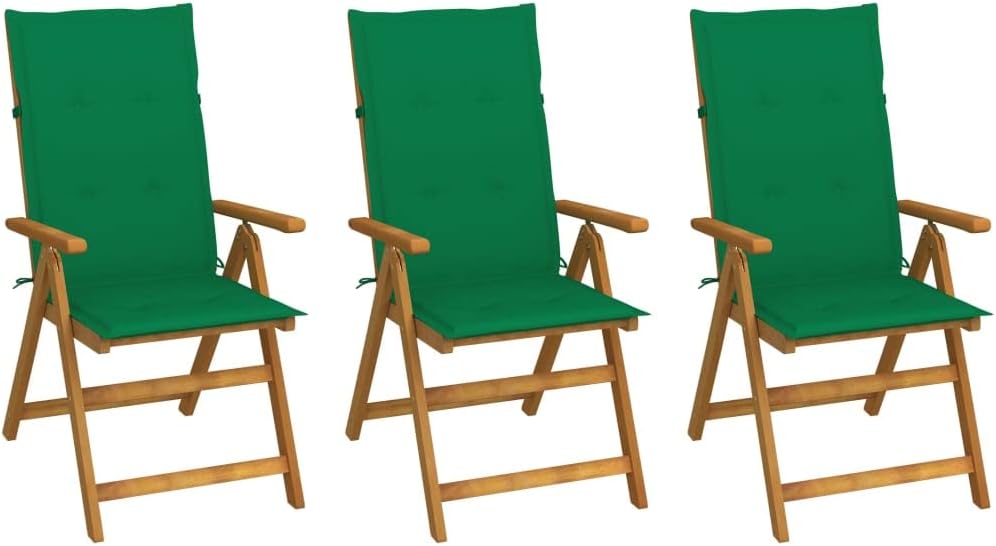 vidaXL Solid Acacia Wood Folding Patio Chairs with Cushions – Set of 3, Retro Style, Adjustable, Comfortable, Easy Maintenance, Green Color