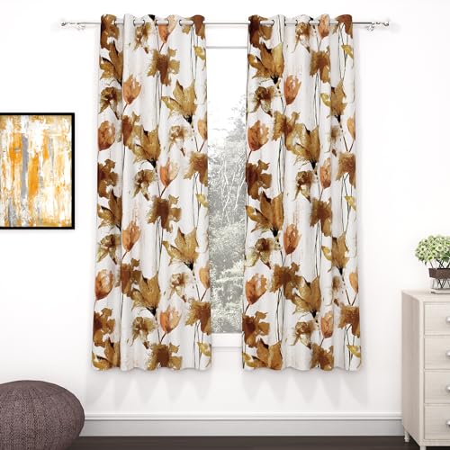 Image of Window Curtains 5 Feet Long Set of 2 |Light Filtering Curtains for window |Floral Design Polyester Curtain and Drapes for Living Room 118 x 152 cm, Off White & Brown|Perfect for Home Decor