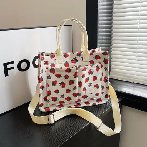 Image of Cherry Tote Bag for Women Canvas Patched Purse Cute Shoulder Bag Multi-Pocket Satchel Handbag for work travel