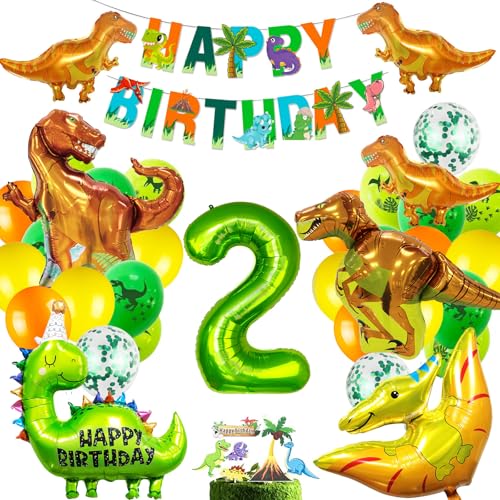 Image of Dinosaur Birthday Party Supplies, Dinosaurs Party Decorations 2 Year Old Foil Balloons for Boys and Girls,Include Balloons, Foil Balloons,Banner,Cake Topper