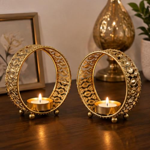Image of Webelkart Premium Decorative Candlestick Holder for Home and Dining Table Decor /Tealight Candle Holder for Home and Office Decor - (6.5 inches Gold) (Gold -Ring)