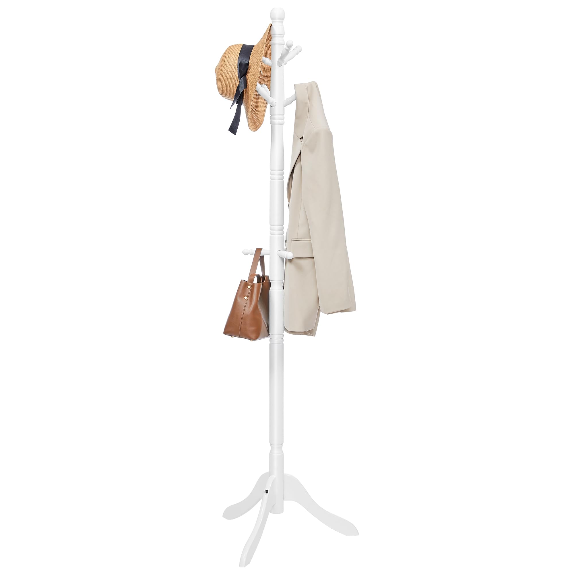 VASAGLE Coat Rack Stand, Coat Tree with 10 Hooks for Hats, Bags, Purses, Free Standing for Hallway, Rubberwood, Cloud White RCR03WT