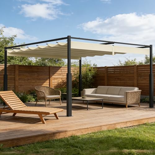 Peviasot Pergola de Jardin 3x4m avec Coussin magnétique, Structure Métal, Pergola Rétractable Coulissante, Tonnelle Jardin avec Toit Réglable, Protection UV 30+, Stable pour terrasse et Jardin, Beige