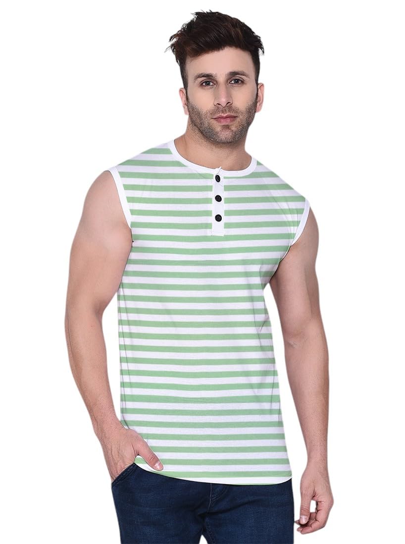 tfurnish Men's Sleeveless Striped Henley T-Shirt | Slim Fit Casual Vest Tee with Button Placket-picture-35