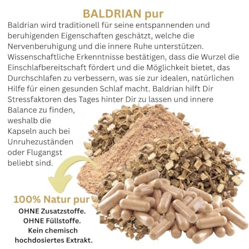 Baldrian 120 Kapseln PFLANZLICHES Beruhigungsmittel. Innere Ruhe & gesunder Schlaf. NATÜRLICHE Einschlafhilfe - Einschlafen & Durchschlafen. BERUHIGUNG & ENTSPANNUNG. OHNE ZUSATZSTOFFE 26670-120