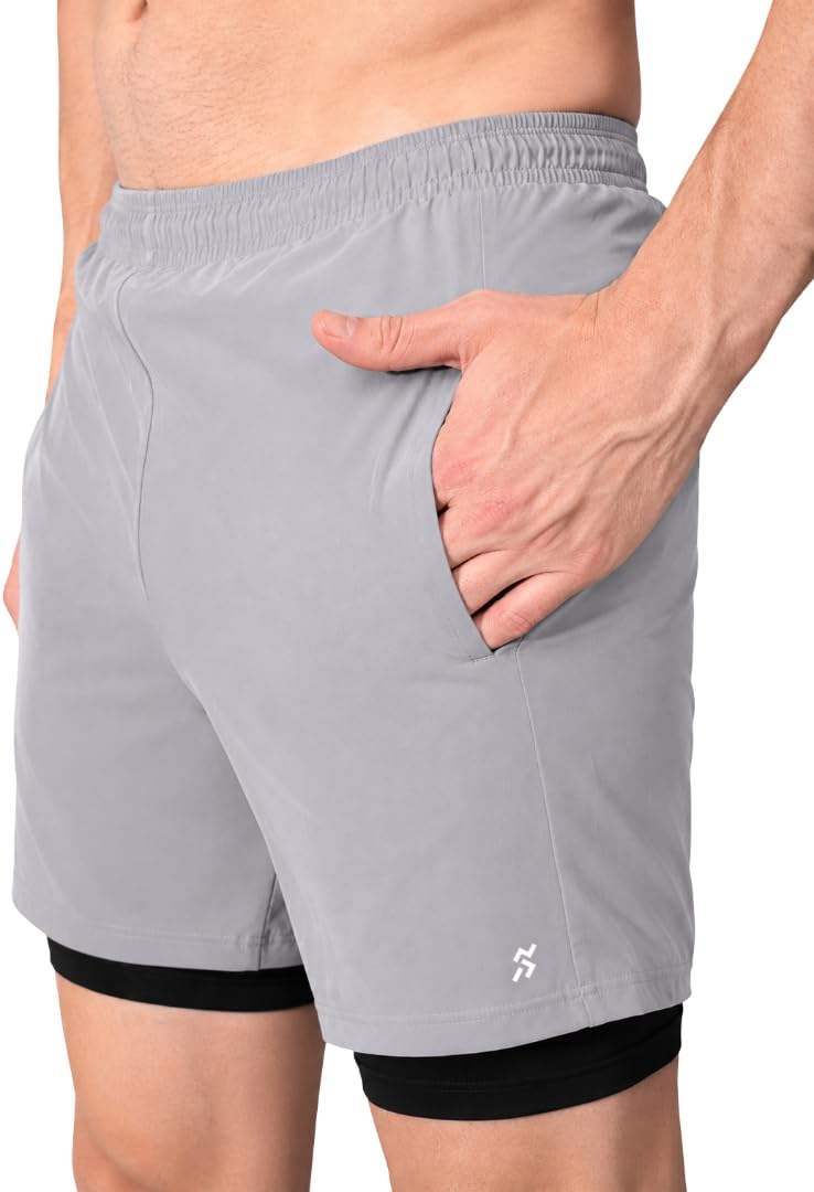 Men's 2-in-1 Running Shorts | Light Grey Dual Layer Gym Shorts with Compression Liner | Quick Dry Athletic Workout Shorts with Secure Pockets-picture-33
