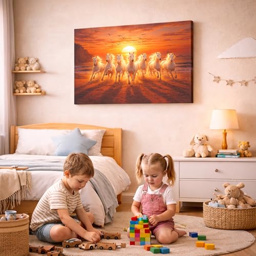 Image of Rousrie Big Size 7 Horses Vastu Frame Wall Art Painting, White Running Horses on Water, Rising Sun Wall Decor, Multicolor (50 cm x 75 cm)