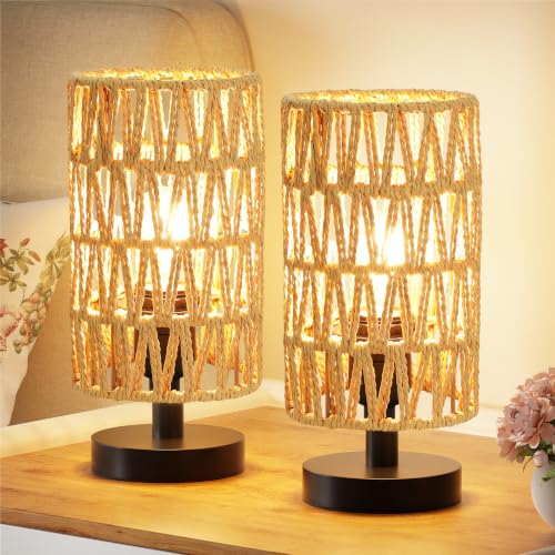 Image of Table Lamps Set of 2 (Rattan Rope Shade - Black Base, 9 inch Inline Control)