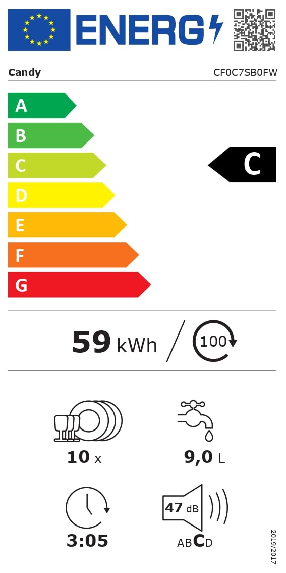 Candy Rapidò CF0C7SB0FW Lave-vaisselle, 45 cm, 10 services, numérique, Wi-Fi, 8 programmes, technologie antibactérienne, 47 dB, indicateur sel et rinçage, panier supérieur réglable, départ différé