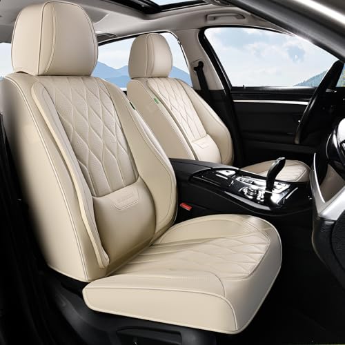 Image of FLORICH Car Seat Covers Full Set Waterproof Nappa Leather Car Seat Cover Front and Rear Car Seat Protector with Lumbar Support Automotive Seat Covers Universal Fit for Most Car Sedan Truck SUV, Beige