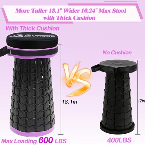 Image of ALEVMOOM 2026 Collapsible Stool with Thick Cushion, H18.1 D10.24 Portable Telescoping More Sturdy Load Capacity 600Lbs, Retractable Adjustable Camping Folding Stool for Outdoor Hiking BBQ Climb