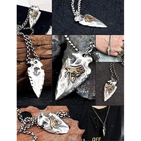 Collar Colgante de Punta de Flecha con Ojo de Horus Egipcio Dorado de Plata de Ley 925 para Hombre Mujer