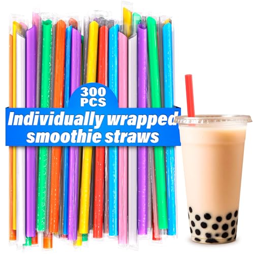 300 Pcs Wide Smoothie Straws – Boba Straws Individually Wrapped for Milkshakes, Bubble Tea & Ice Lattes – Suitable for Cold & Hot Drinks, Large Pack for Quick & Easy Serving