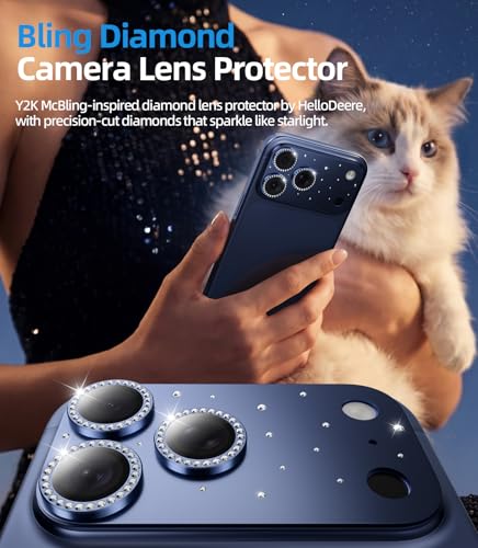 Image of HelloDeere for iPhone 17 Pro Max Camera Lens Protector [Not Easy to Break] [Ultra Bright] Round Gold Diamond Bling Tempered Glass Metal Frame Camera Cover for iPhone 17 Pro Max Lens Case Friendly (Blue,1 Pack)