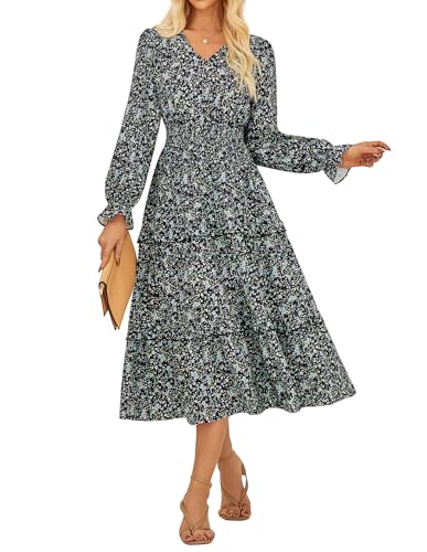 GRACE KARIN Women's Floral Maxi Dress 2025 Fall Long Sleeve Flowy V Neck A Line Dress Smocked Long Dresses with Pockets