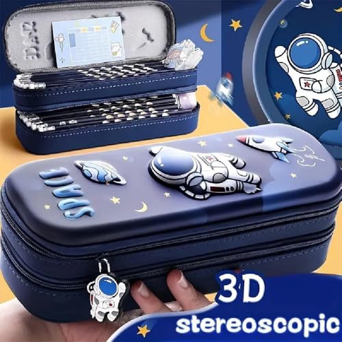 Image of Royals hub Double Layer Space Pencil Case 3D Cover EVA Space Astronaut Theme Large Capacity Zipper Pouch Bag Compass School Organizer Students Kids Premium Stylish Pen Holder Stationery Box, Blue