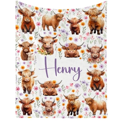 Image of Custom Highland Cow Blankets, Cute Highland Cow Gifts for Girls,Soft Flannel Throw Blanket with Name Floral Stuff Decoration,50 inchx60 inch for Teens