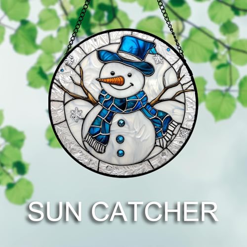 Image of DASTOLL Stained Glass Window Hanging Christmas Snowman Blue White Large 15 inch - Suncatcher Door Garden Sun Catcher Home Decor Birthday Mother's Day Xmas Gift for Mom Men Woman Her Nana Parents Girl