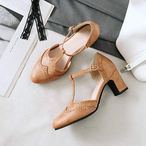 MIOKE Women's Retro T-Strap Mary Jane Pumps Round Toe Perforated Block Heel Vintage Brogue Oxford Shoes 5