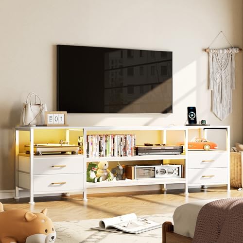 Utlenianie Meuble TV Blanc, Table Television Salon avec Port et Prise USB, Éclairage LED RGB avec Couleur Réglable, Cadre en Acier, Meuble TV pour...