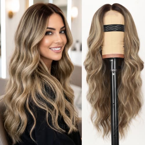Image of AISI HAIR Ombre Balayage Wig for Women, Long Wavy Synthetic Lace Wig 26Inch