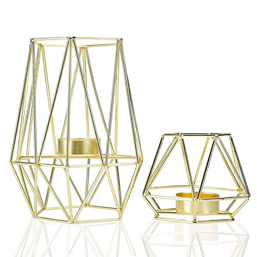 HighFree Metal Wire Iron Tealight Candle Holders for Tables Decor Living Room Bathroom Decorations Gold Geometric Shape Holders Set of 2 (Gold)