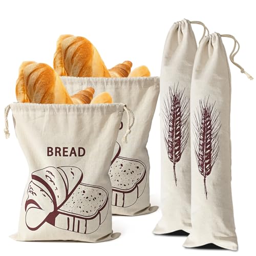 4-Pack Reusable Bread Bags for Homemade Storage 2-Size Drawstring Pouches (5.9x25.6 & 11.8x15.7 Inch) - Washable Fabric with Secure Closure Ideal for Sourdough Artisan Loaves & Gift Packaging