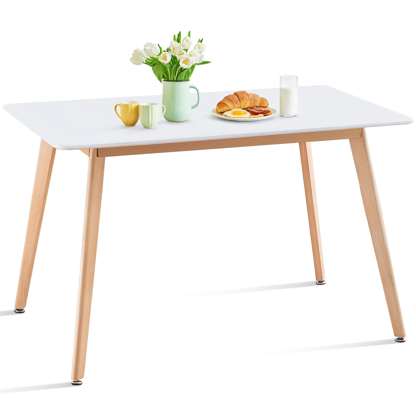 47.2" Rectangular White Dining Table for 4-6 People, Modern Kitchen Table with Wood Legs, Mid Century Design for Dining Room & Living Room