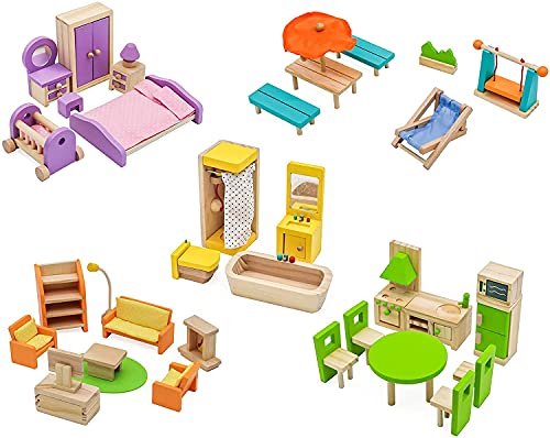 Pidoko Kids Dollhouse Furniture -Fully Furnished Bundle Set - (42 Pcs for 5 Rooms) - Wooden Toys - Thumbnail 2