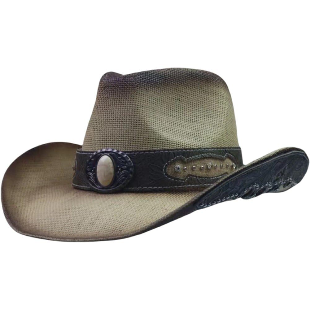 Sslvya Straw Cowboy Hat for Women Men, Western Cowgirl Hats with Decorative Bands, Wide Brim Woven Sun Hat for Summer Beach
