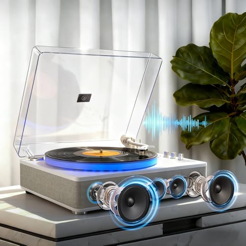 Image of LP&No.1 Record Player with Built-in 4 Stereo Speakers, Acrylic Turntable with LED Lighting, 2-Speed All-in-One Palyer with USB Playback & Recording, BT Input /Output, AT-3600L Cartridge, Pitch Control