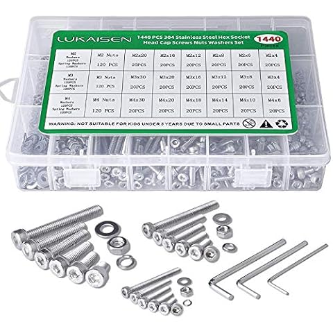 Screws and Nuts, 1440PCS 304 Stainless Steel M2 M3 M4 Hex Socket Head Cap Flat Washers Spring Washers Assortment Kit with 3 Wrenches for Automotive Furniture Decoration Electrical Industrial Products Cover