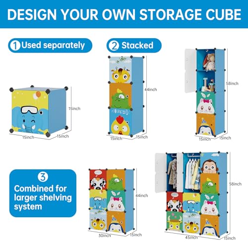 MAGINELS Kids Closet,Baby Wardrobe Closet with Door,Cute Portable Armoire Dresser,Clothes Hanging Storage Rack for Boy Bedroom,Blue,12 Cube(14x14inch)
