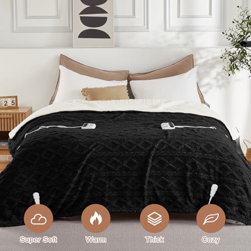 CAROMIO Electric Blanket Queen Size Dual Control - Thick Tufted Sherpa Heated Blanket Queen with 10 Heating Levels and 10 Time Settings, ETL Certified Fast Heating Blanket Queen Size 84"×90", Black