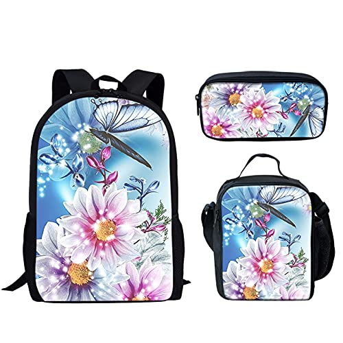 Set di 3 zaini per bambini con stampa di calcio e acqua borsa per la scuola + portapranzo isolato + astuccio Farfalla Flora Taglia unica Zaini Daypack