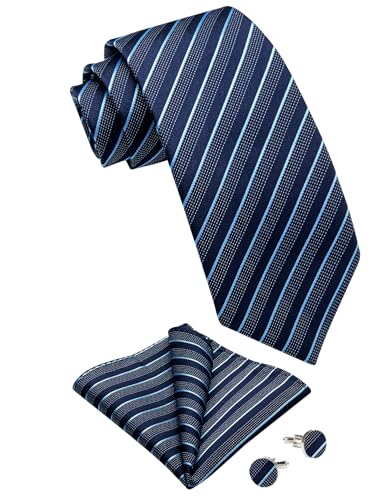 Image of DiBanGu Striped Tie Set for Men Silk Woven Plaid Necktie and Pocket Square Cufflinks Business Wedding