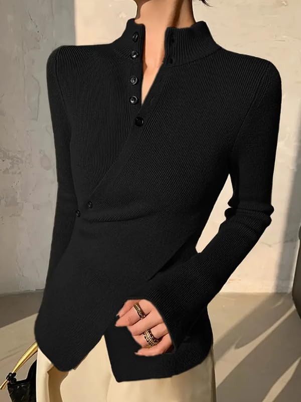 utcoco Women's Knit Basic Sweater Stand Collar Button Slim Fit Cross Slit Long Sleeve Pullover Tops4